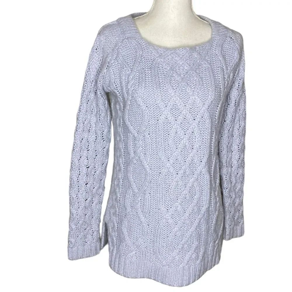 Zara Knit Baby Blue Boat Neck Collar Wool Alpaca Blend Chunky Cable Knit Sweater